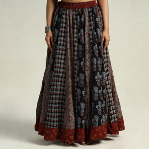 Black - Kutch Block Printed 24 Kali Cotton Long Skirt 04