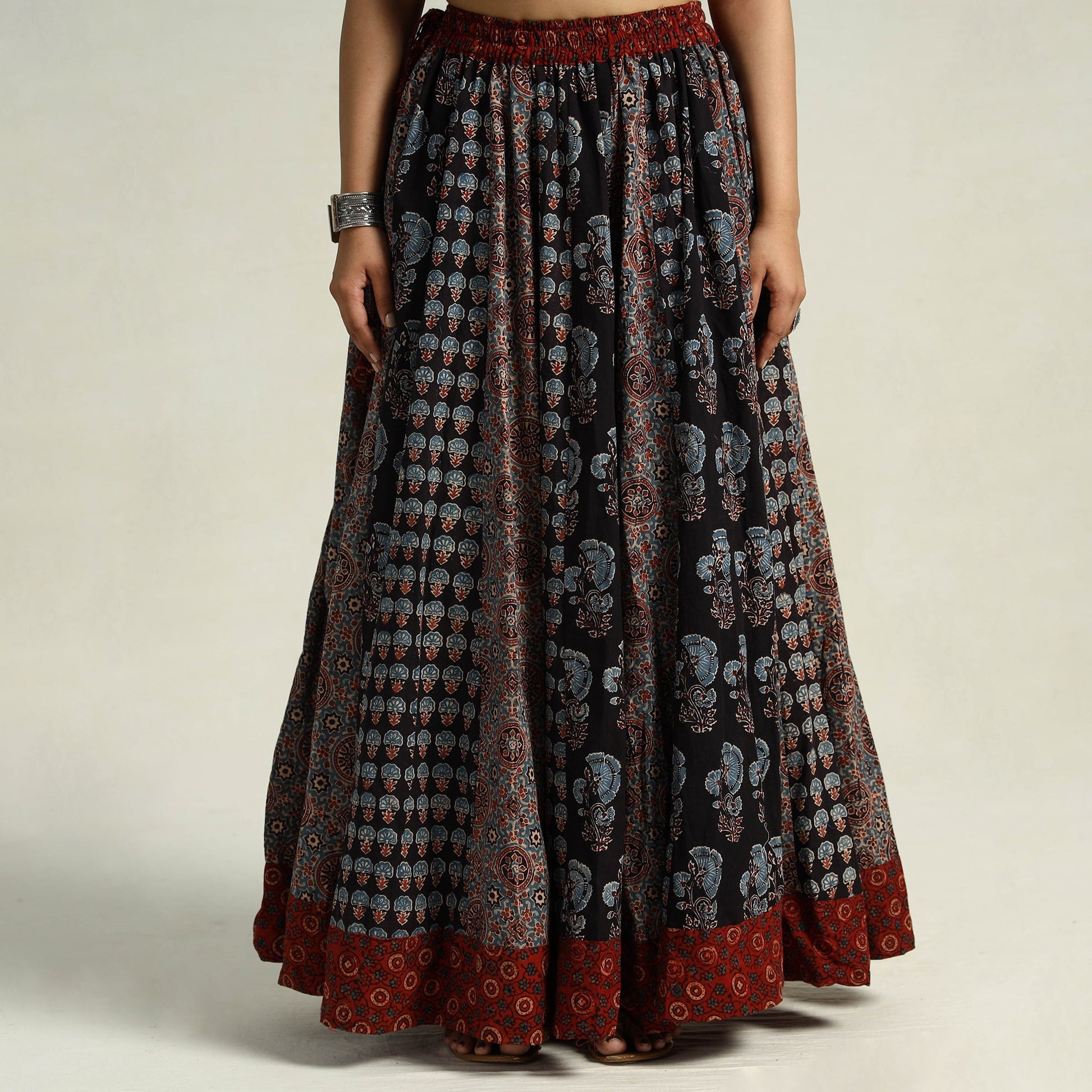 Black - Kutch Block Printed 24 Kali Cotton Long Skirt 04