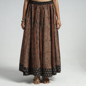 Brown - Ajrakh Block Printed 24 Kali Patchwork Cotton Long Skirt