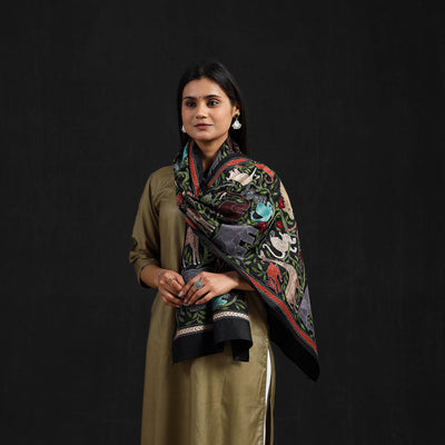 Black - Handloom Silk Bengal Kantha Work Stole 28