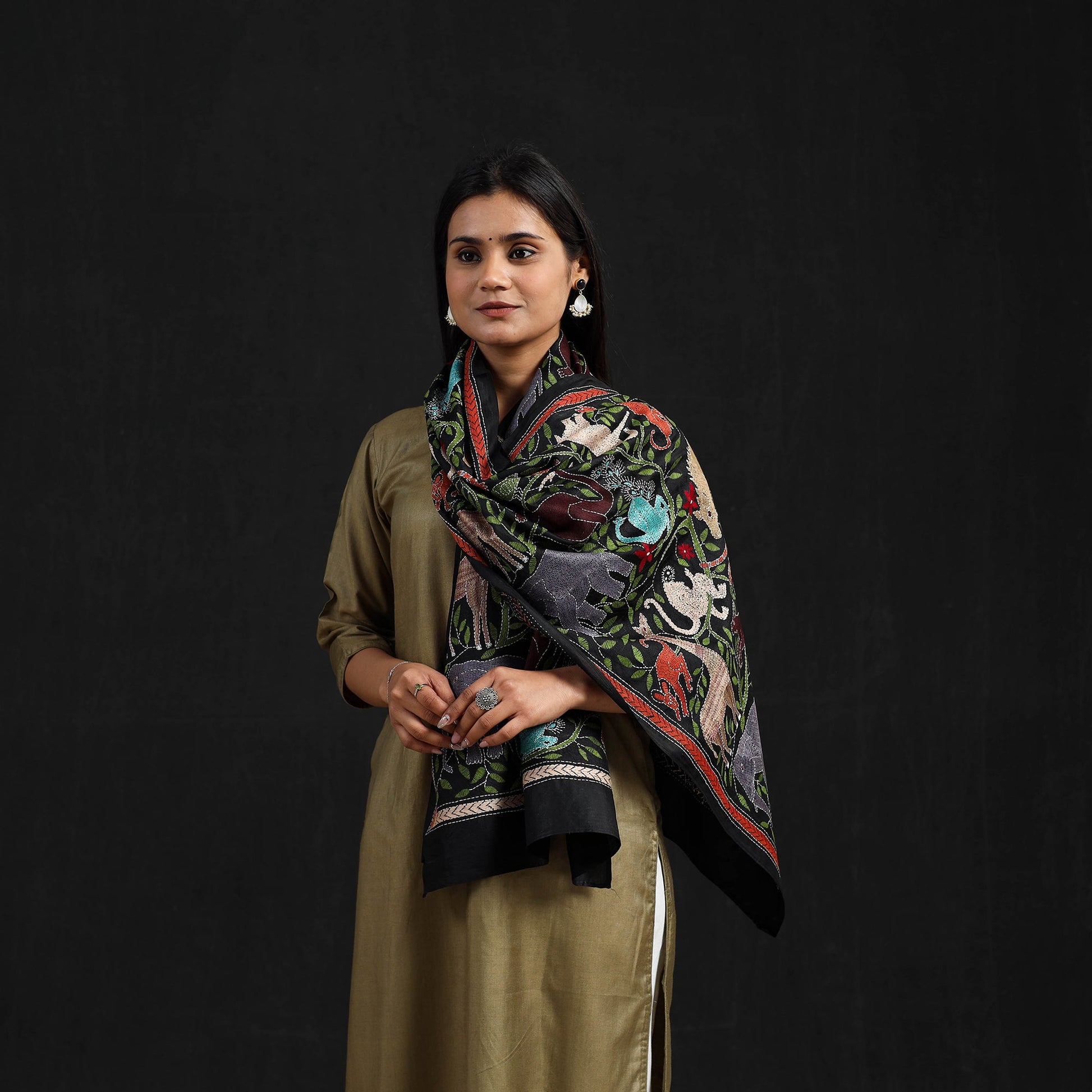 Black - Handloom Silk Bengal Kantha Work Stole 28