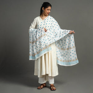 Blue - Block Printed Mul Cotton Sanganeri Dupatta 15