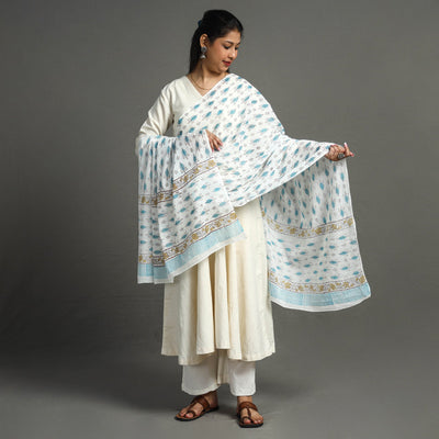 Blue - Block Printed Mul Cotton Sanganeri Dupatta 15
