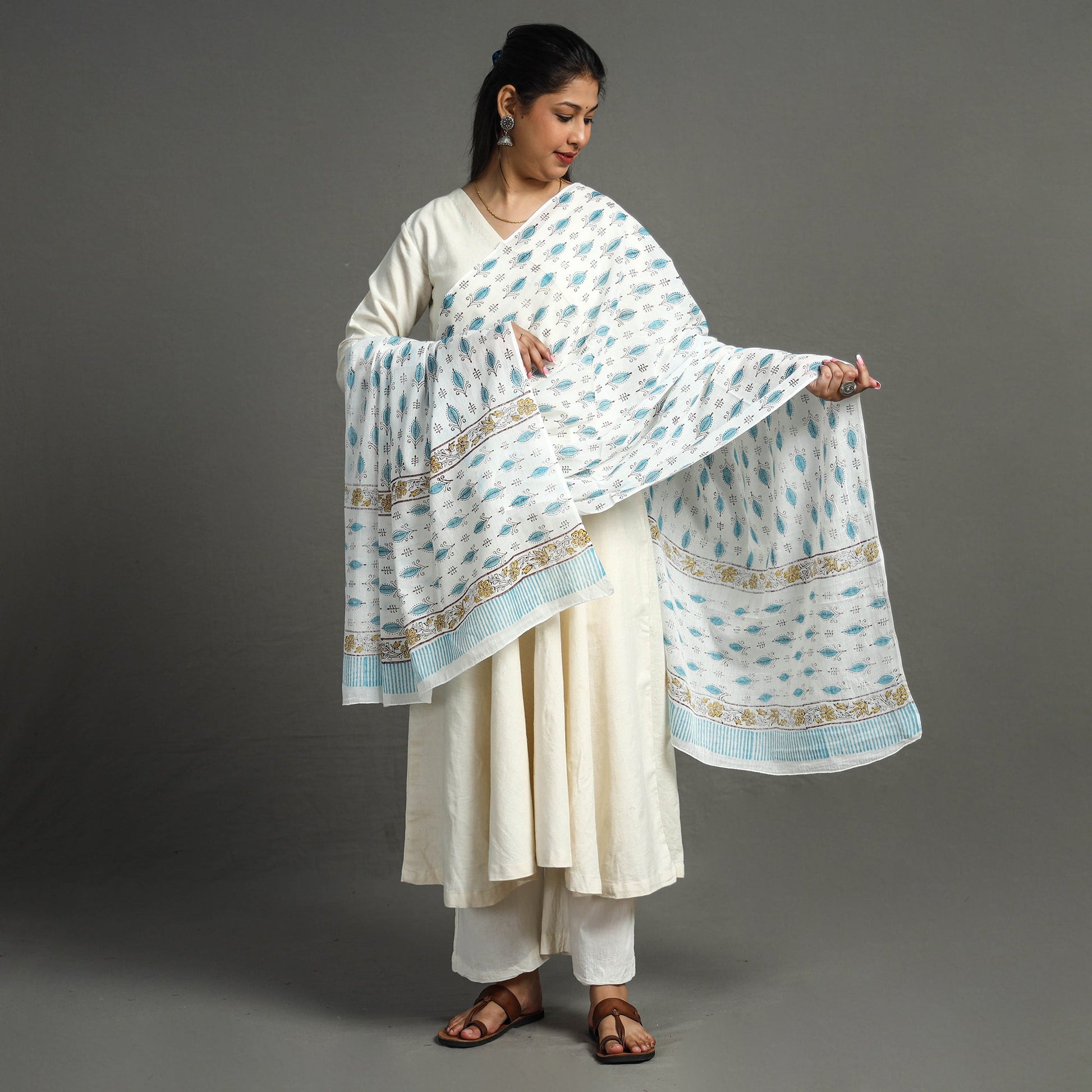 Blue - Block Printed Mul Cotton Sanganeri Dupatta 15