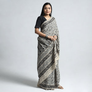 Beige - Pedana Block Print Cotton Kalamkari Saree