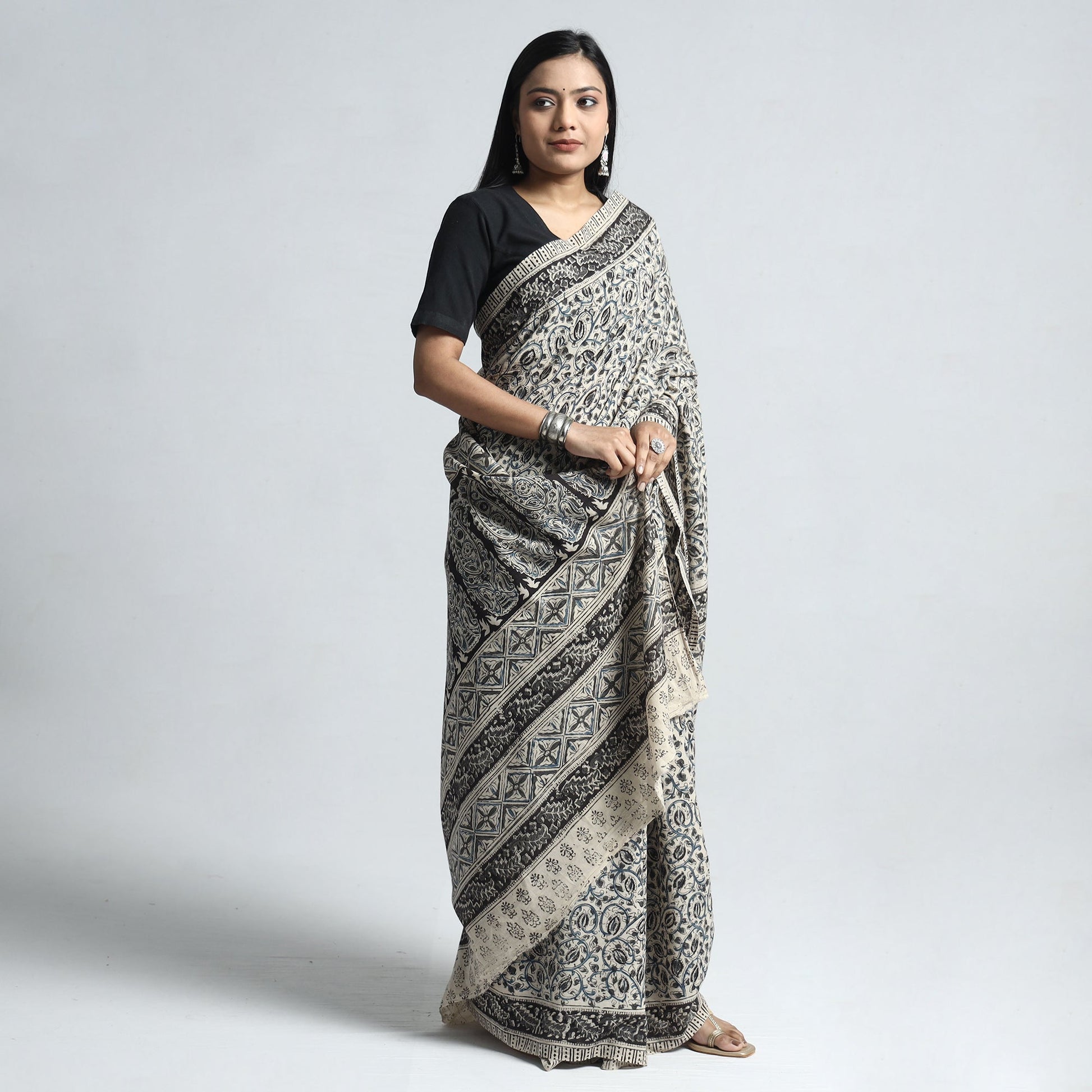 Beige - Pedana Block Print Cotton Kalamkari Saree