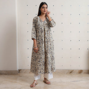 Beige - Pedana Kalamkari Block Printed Cotton A-Line Kurta 06