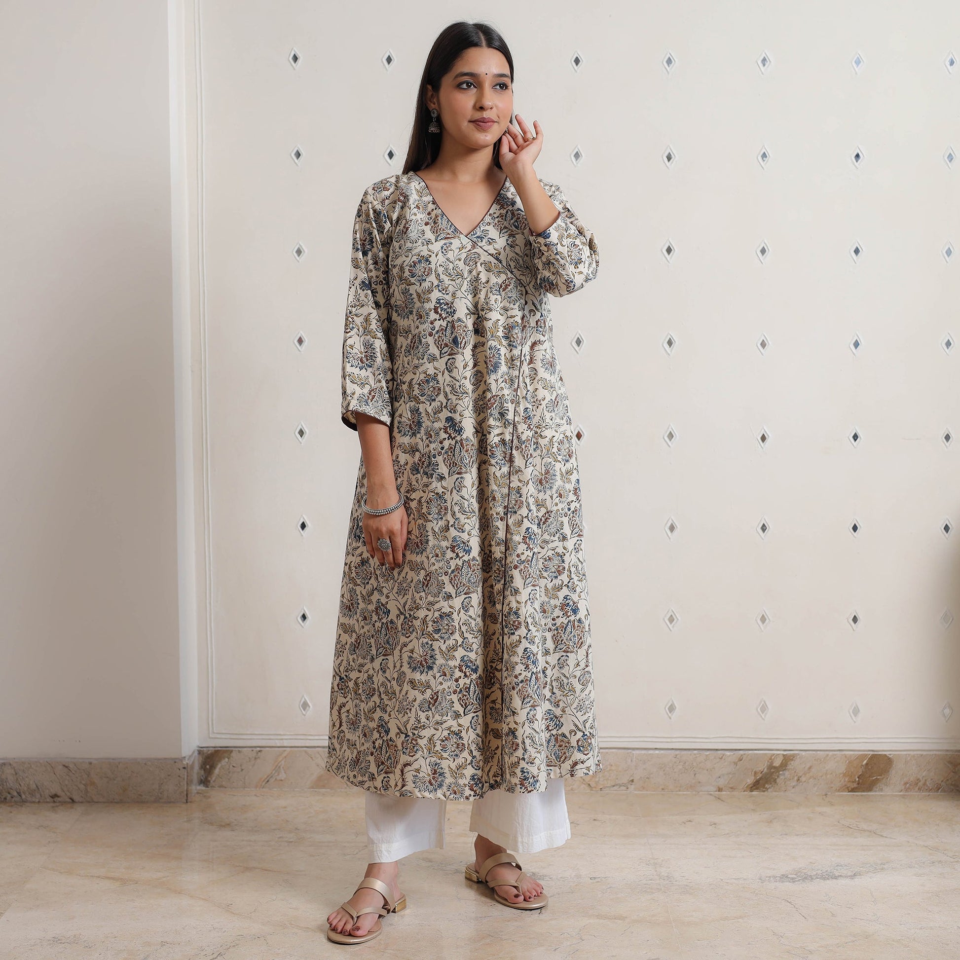 Beige - Pedana Kalamkari Block Printed Cotton A-Line Kurta 06