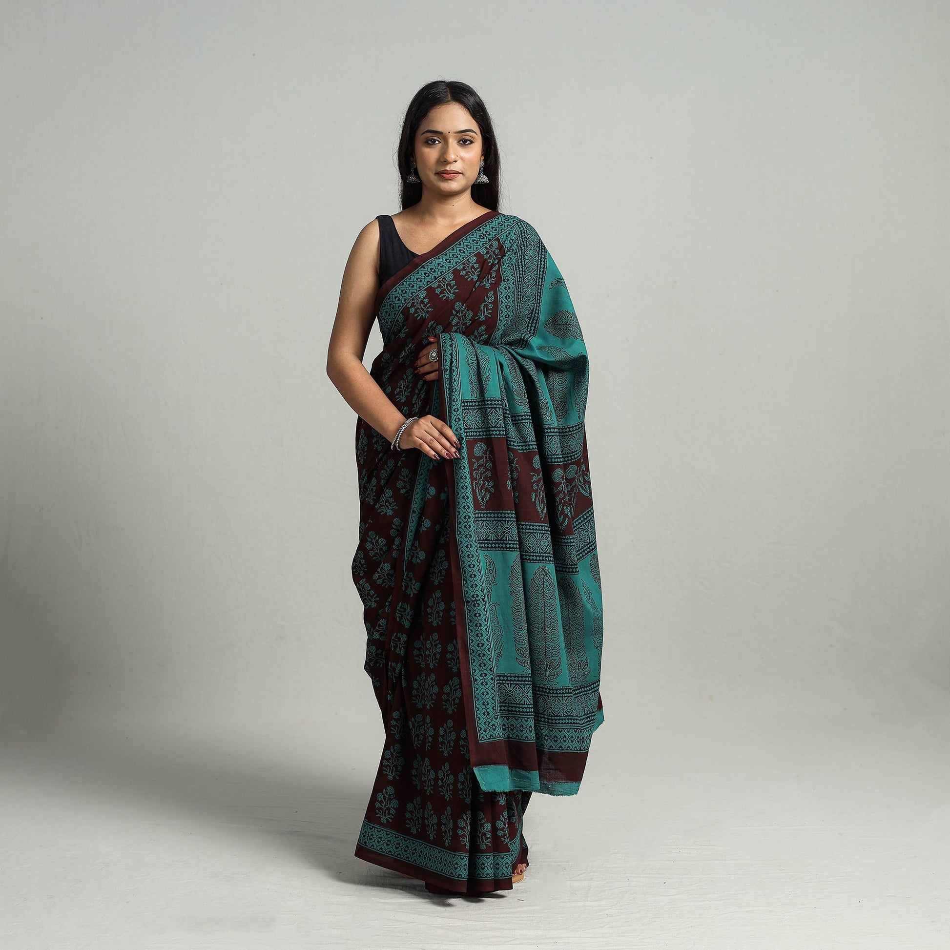 Brown - Natural Dyed Bagh Print Cotton Saree with Blouse Piece 11