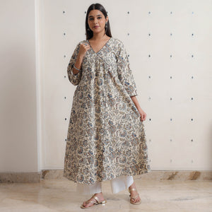 Beige - Pedana Kalamkari Block Printed Cotton A-Line Kurta 06