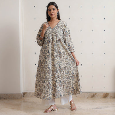 Beige - Pedana Kalamkari Block Printed Cotton A-Line Kurta 06