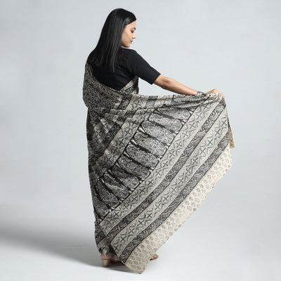 Beige - Pedana Block Print Cotton Kalamkari Saree