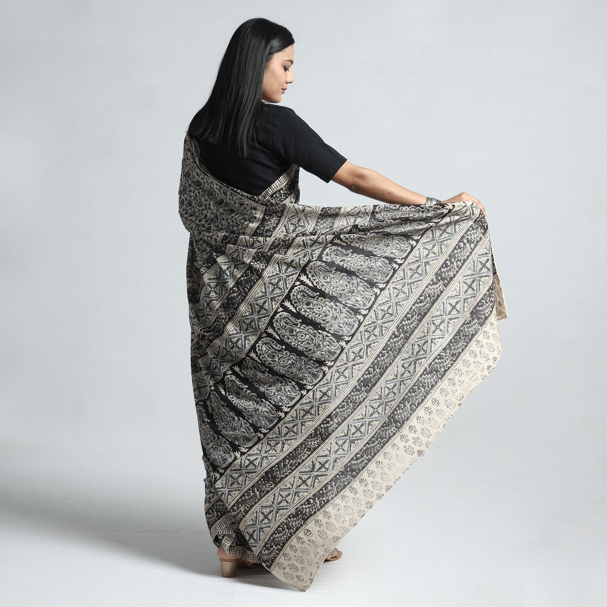 Beige - Pedana Block Print Cotton Kalamkari Saree