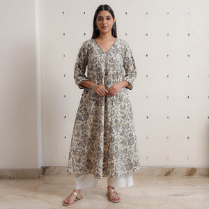 Beige - Pedana Kalamkari Block Printed Cotton A-Line Kurta 06