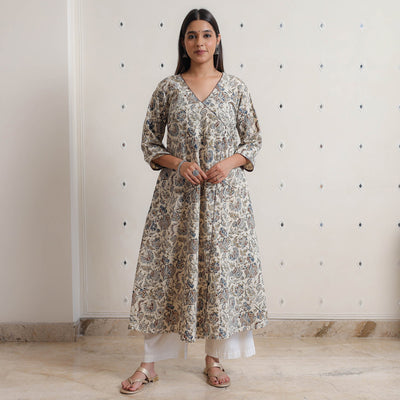 Beige - Pedana Kalamkari Block Printed Cotton A-Line Kurta 06