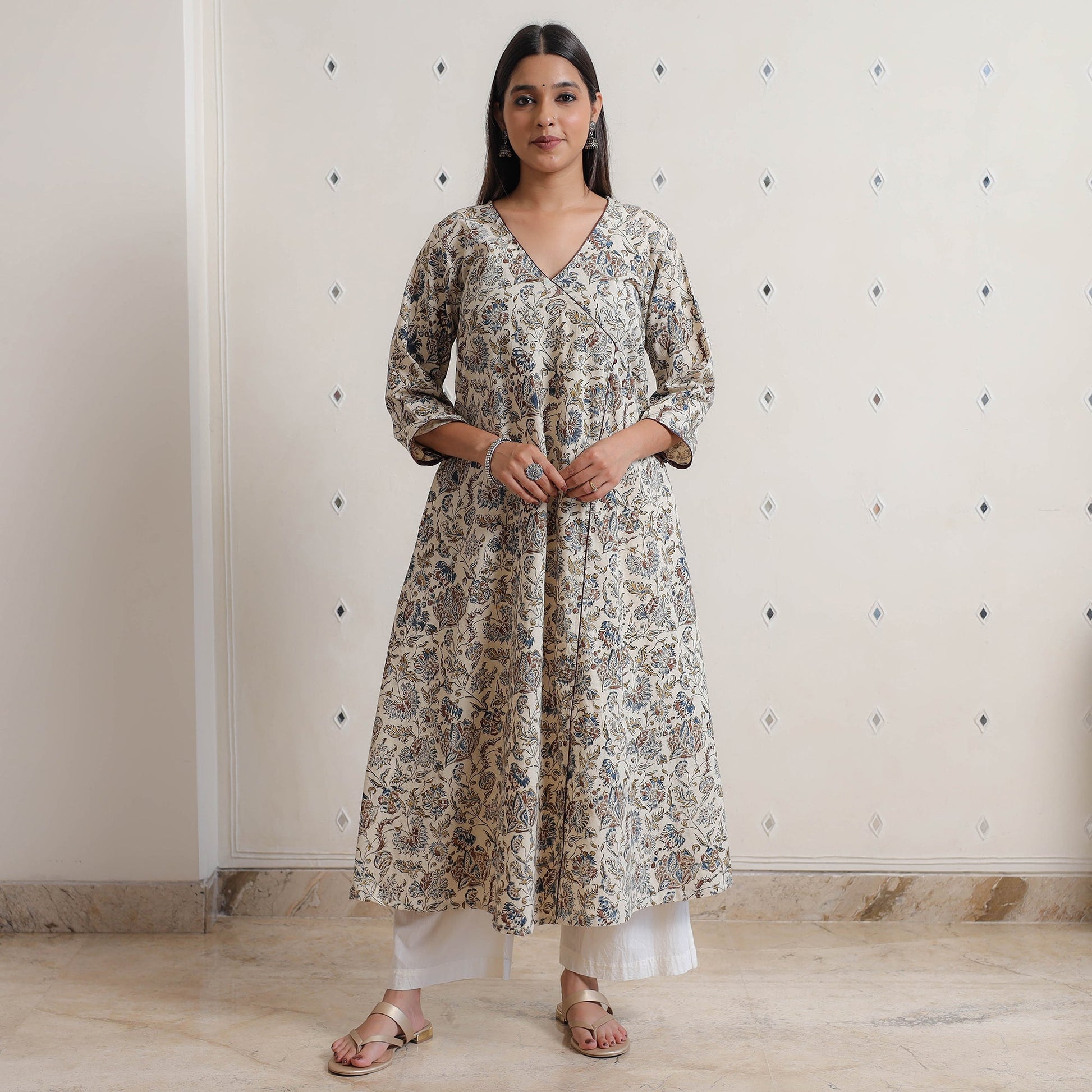 Beige - Pedana Kalamkari Block Printed Cotton A-Line Kurta 06