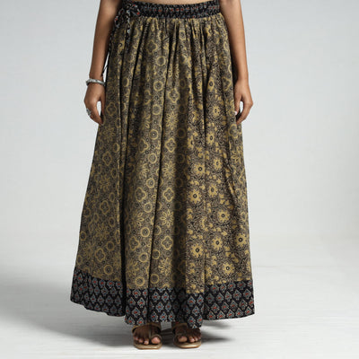 Brown - Ajrakh Block Printed 24 Kali Patchwork Cotton Long Skirt