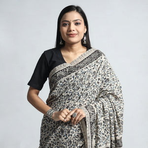 Beige - Pedana Block Print Cotton Kalamkari Saree