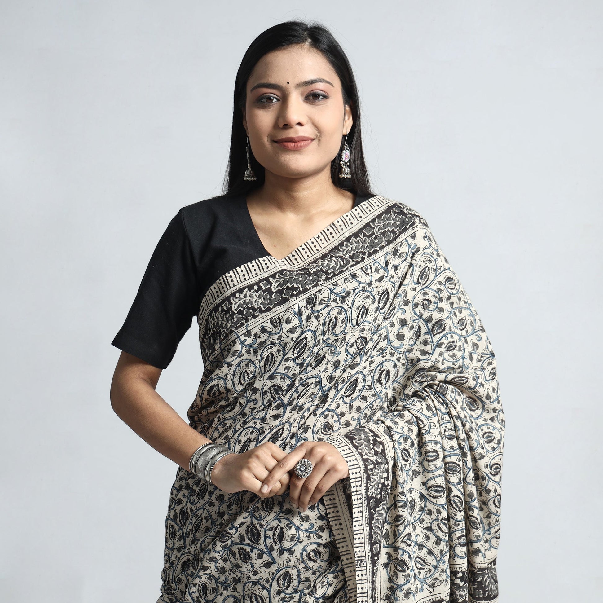Beige - Pedana Block Print Cotton Kalamkari Saree