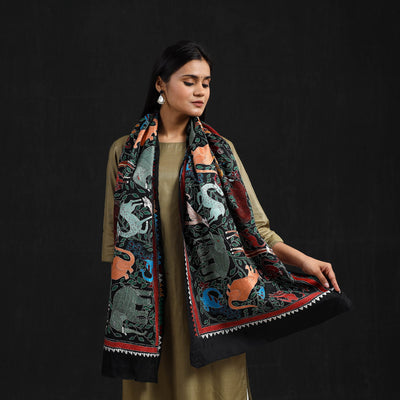 Black - Handloom Silk Bengal Kantha Work Stole 26
