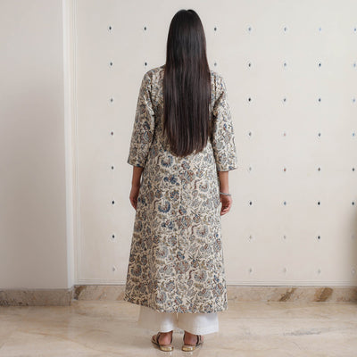 Beige - Pedana Kalamkari Block Printed Cotton A-Line Kurta 06