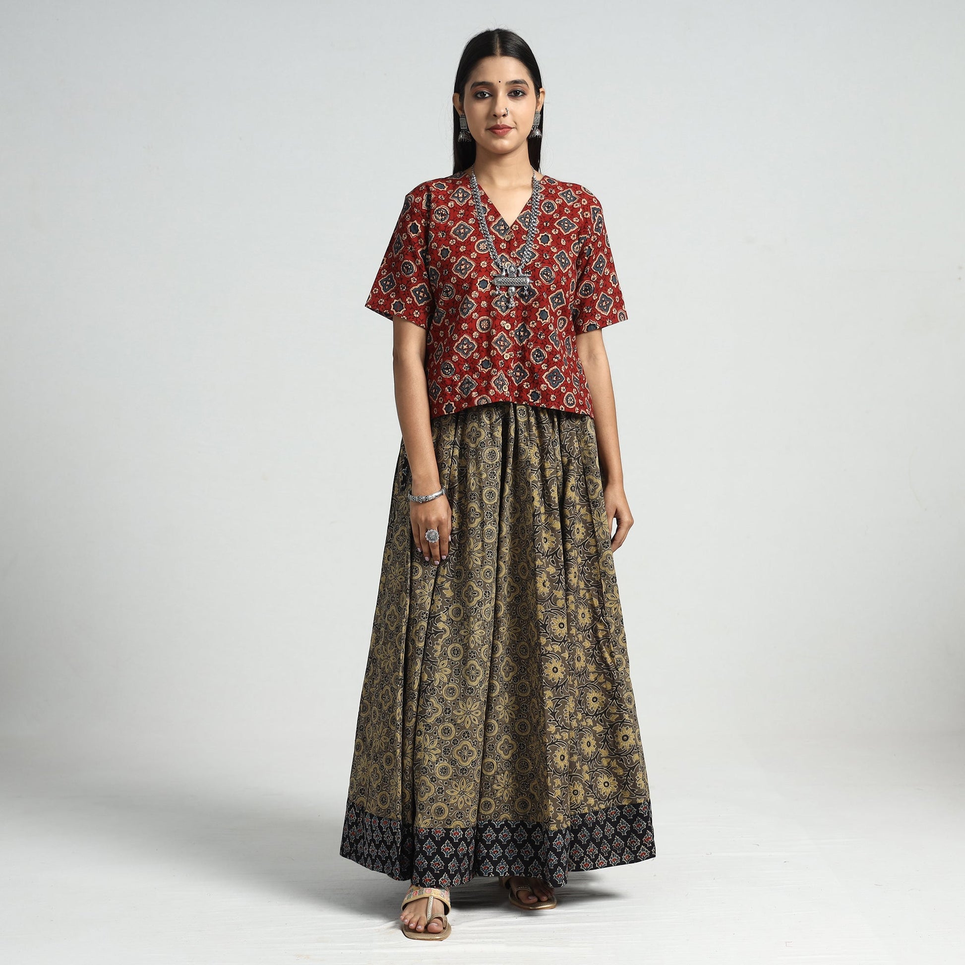Brown - Ajrakh Block Printed 24 Kali Patchwork Cotton Long Skirt