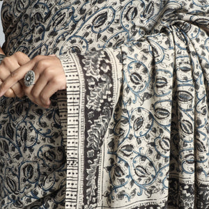 Beige - Pedana Block Print Cotton Kalamkari Saree