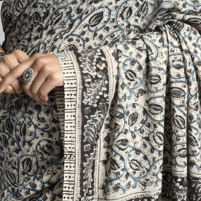 Beige - Pedana Block Print Cotton Kalamkari Saree