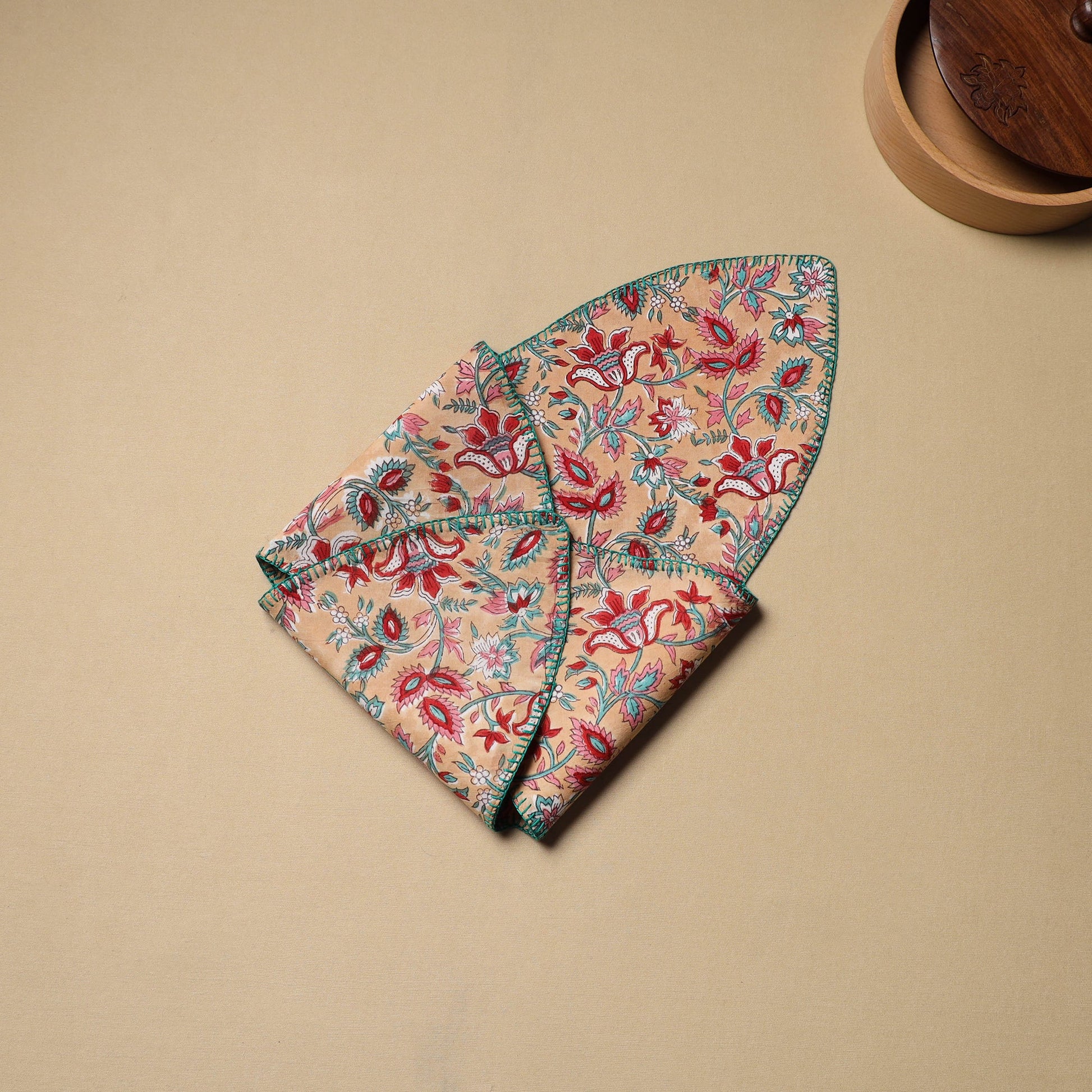 Beige - Hand Embroidered Cotton Roti Napkin 05