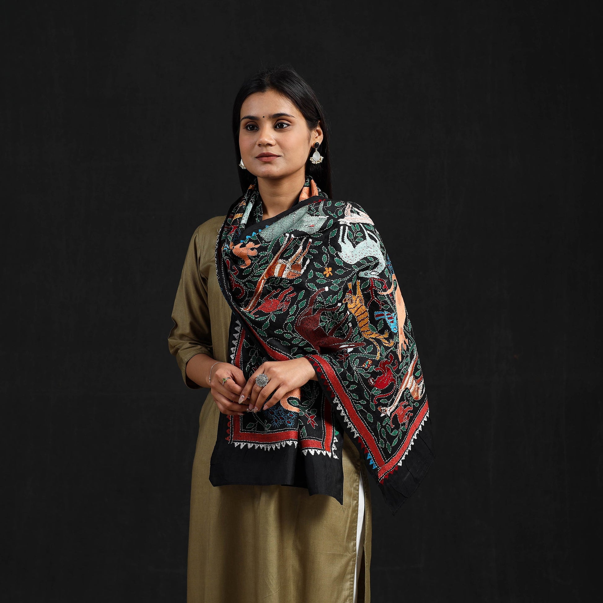 Black - Handloom Silk Bengal Kantha Work Stole 26