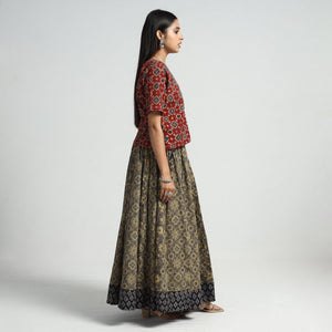 Brown - Ajrakh Block Printed 24 Kali Patchwork Cotton Long Skirt