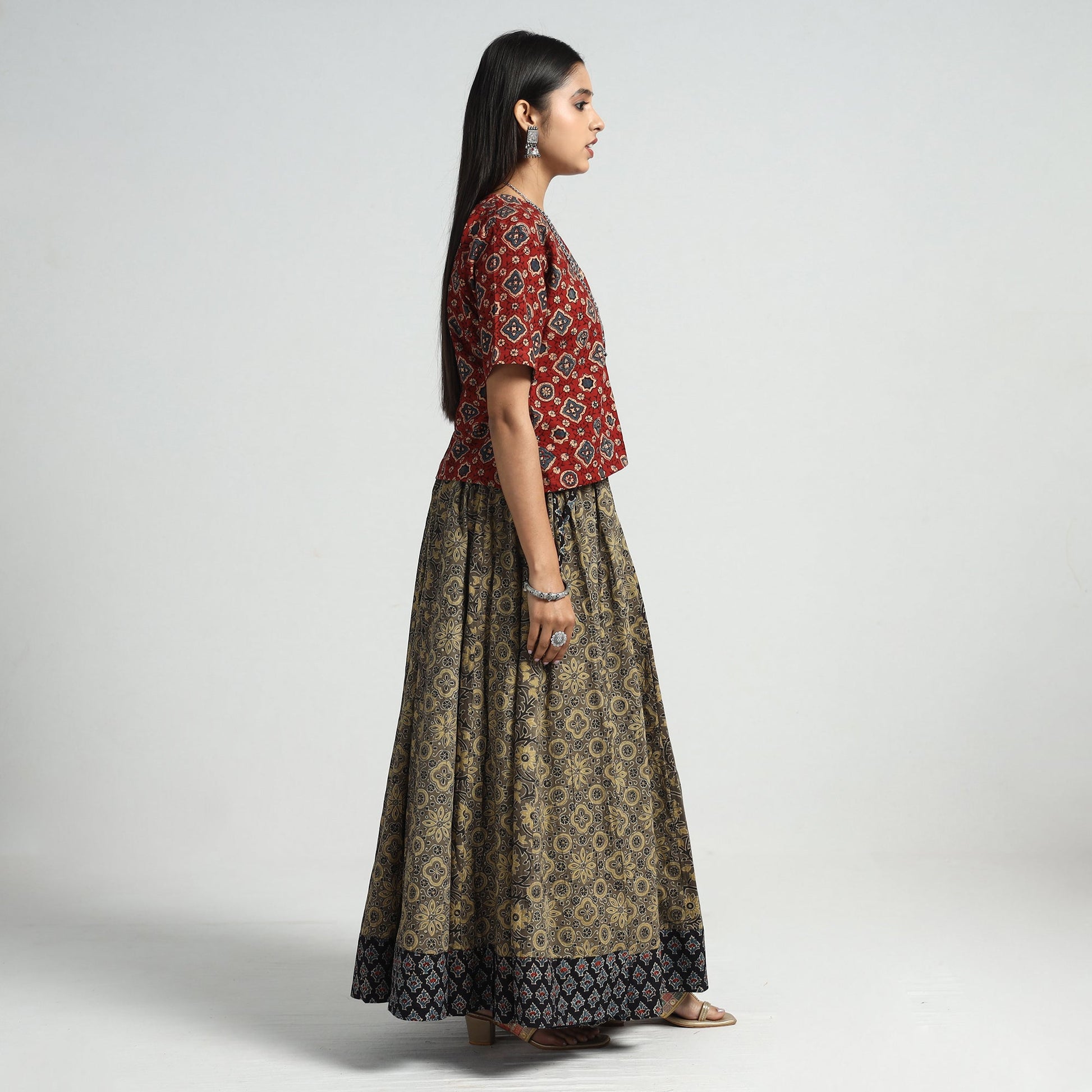 Brown - Ajrakh Block Printed 24 Kali Patchwork Cotton Long Skirt