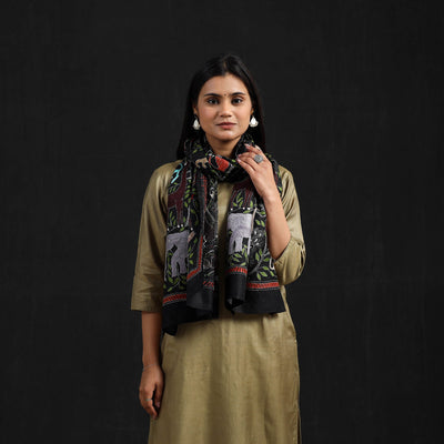 Black - Handloom Silk Bengal Kantha Work Stole 33