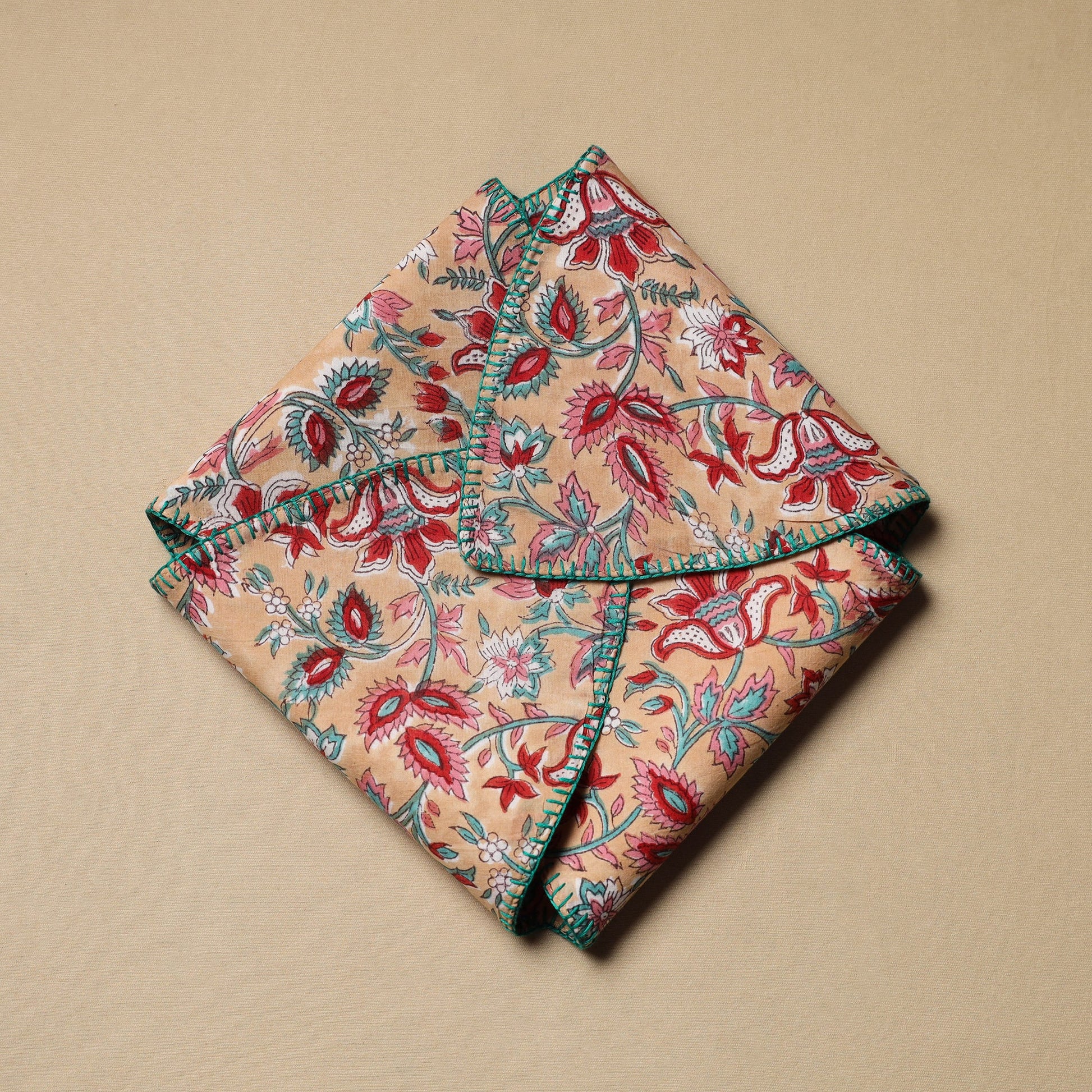 Beige - Hand Embroidered Cotton Roti Napkin 05