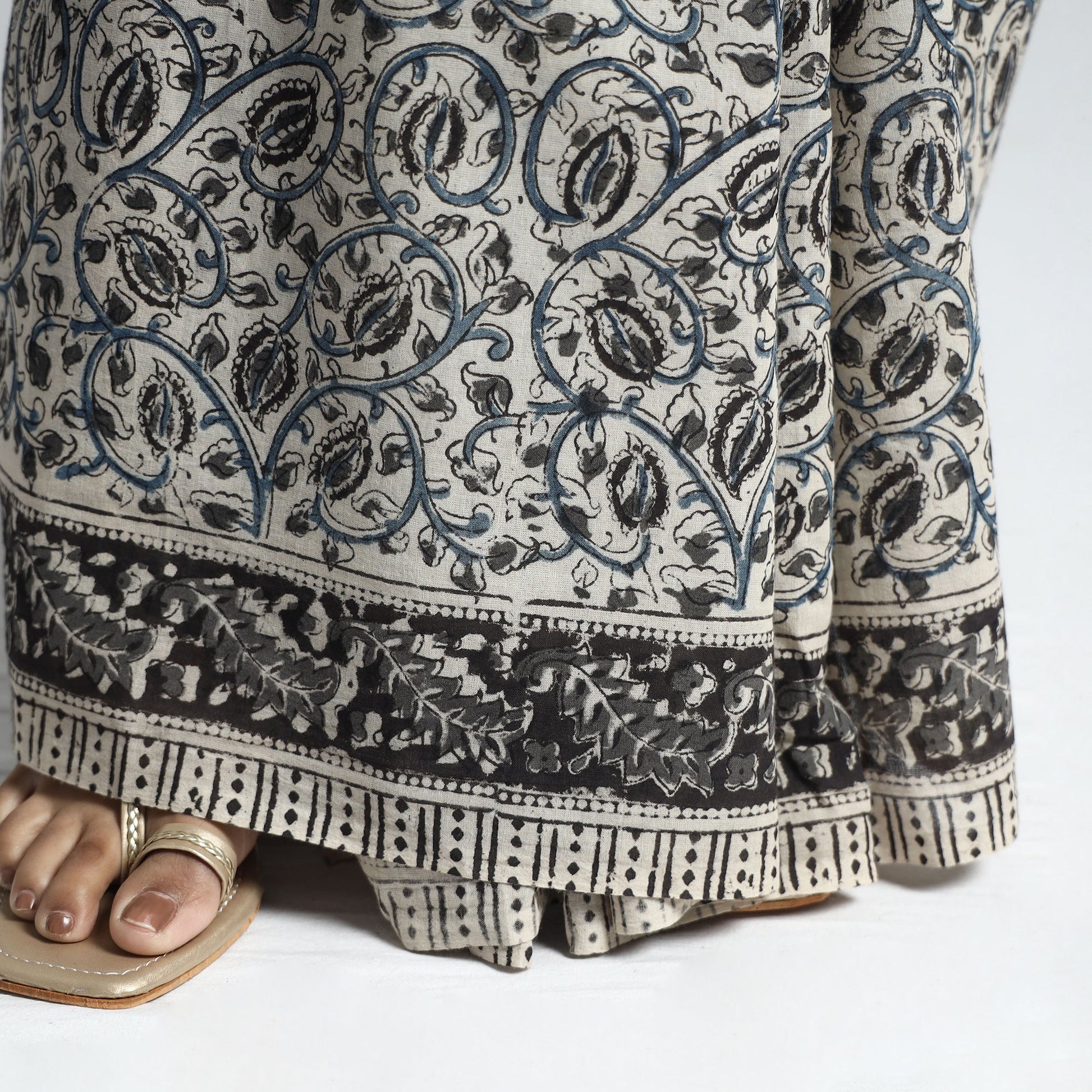 Beige - Pedana Block Print Cotton Kalamkari Saree