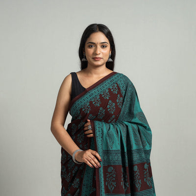 Brown - Natural Dyed Bagh Print Cotton Saree with Blouse Piece 11