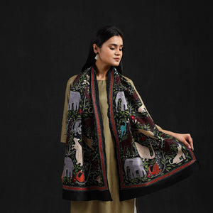 Black - Handloom Silk Bengal Kantha Work Stole 33