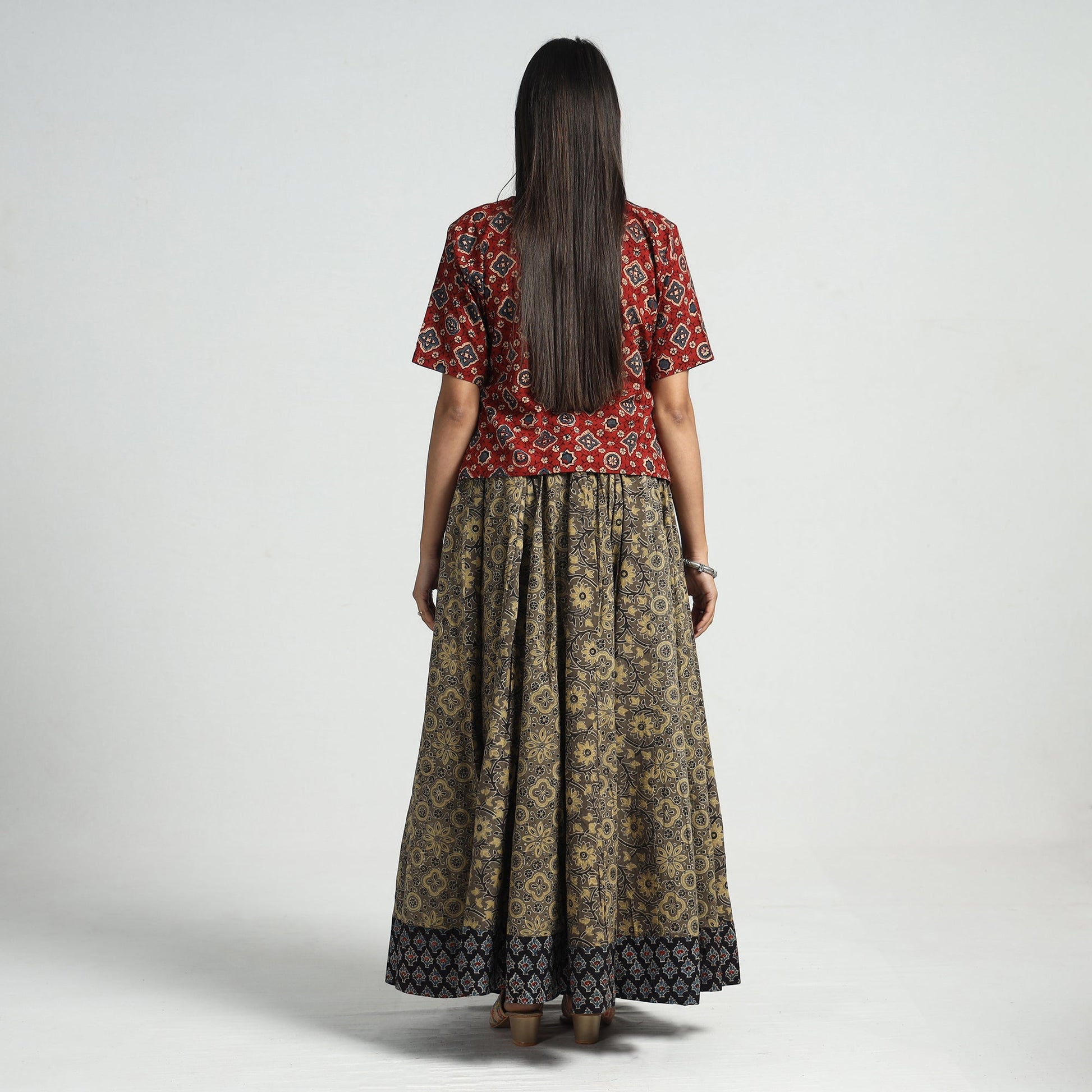 Brown - Ajrakh Block Printed 24 Kali Patchwork Cotton Long Skirt