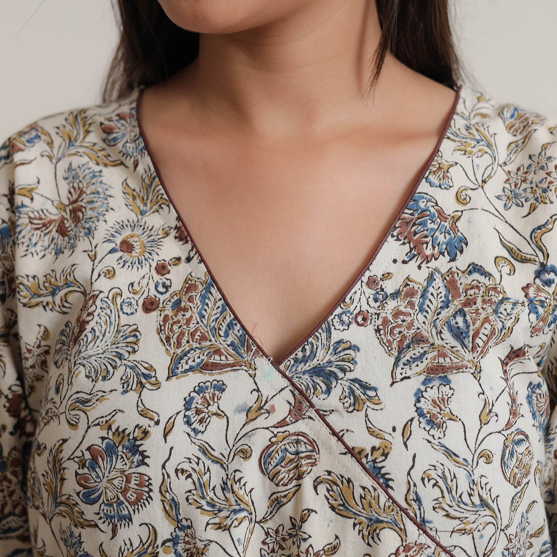 Beige - Pedana Kalamkari Block Printed Cotton A-Line Kurta 06