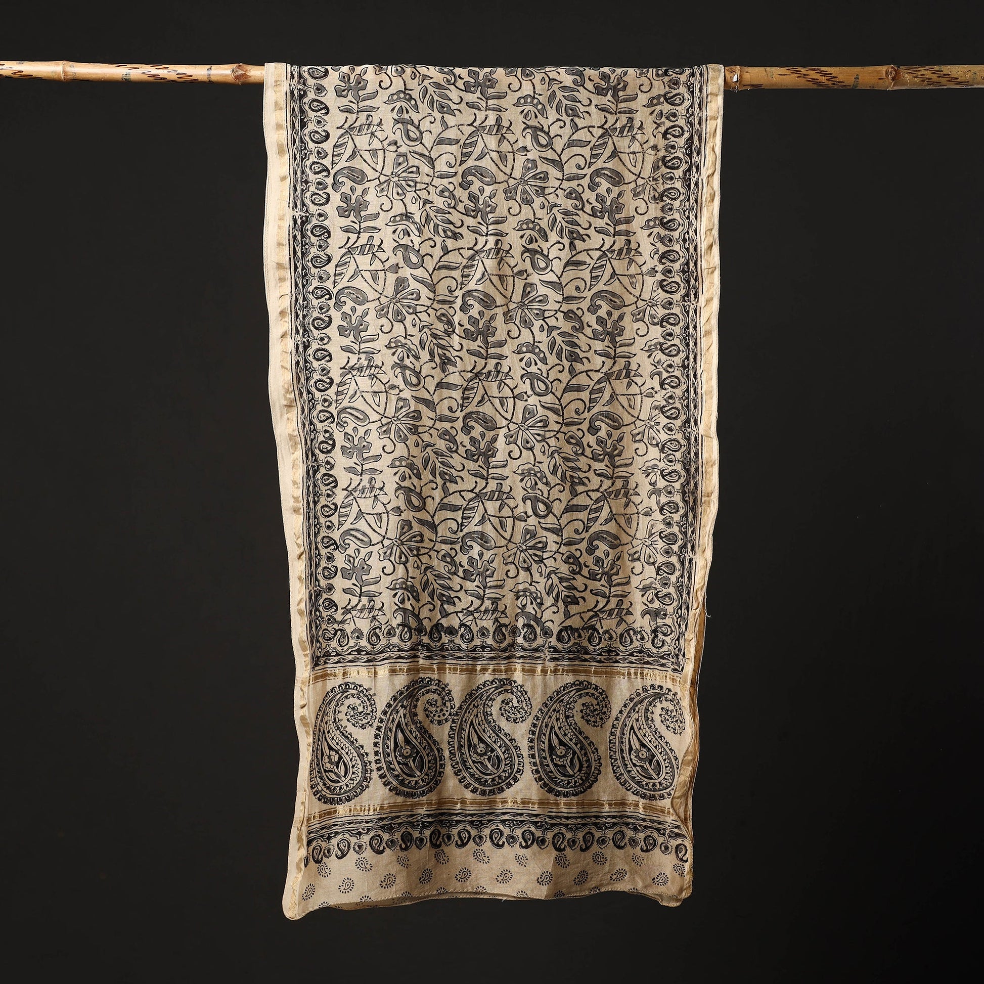 Beige - Pedana Block Print Chanderi Silk Kalamkari Stole 06