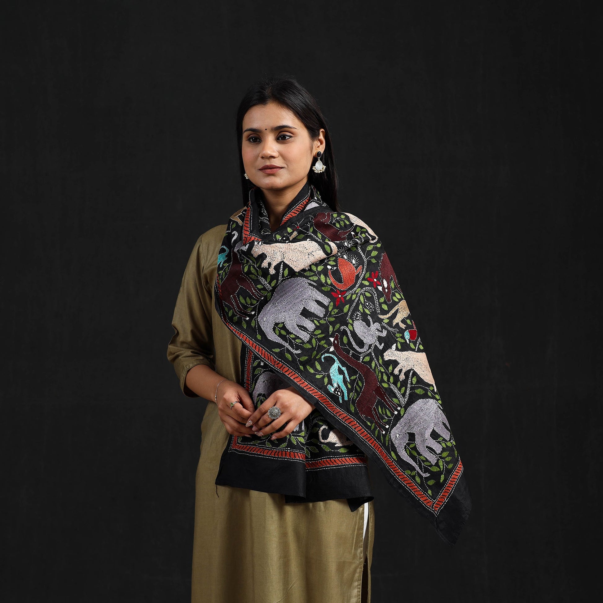 Black - Handloom Silk Bengal Kantha Work Stole 33