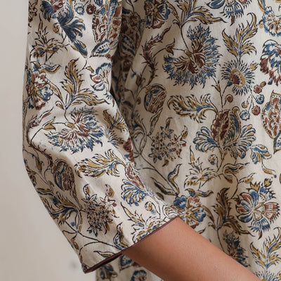 Beige - Pedana Kalamkari Block Printed Cotton A-Line Kurta 06