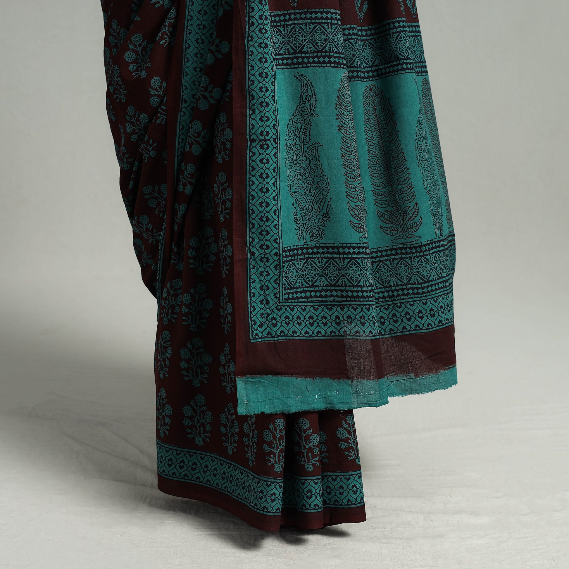Brown - Natural Dyed Bagh Print Cotton Saree with Blouse Piece 11