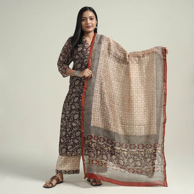Brown - Bagru Block Printed Chanderi Silk Kurta with Palazzo & Dupatta Set