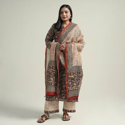 Brown - Bagru Block Printed Chanderi Silk Kurta with Palazzo & Dupatta Set