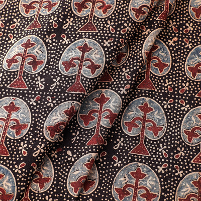 Black Tree Boota Ajrakh Hand Block Printed Cotton Fabric
