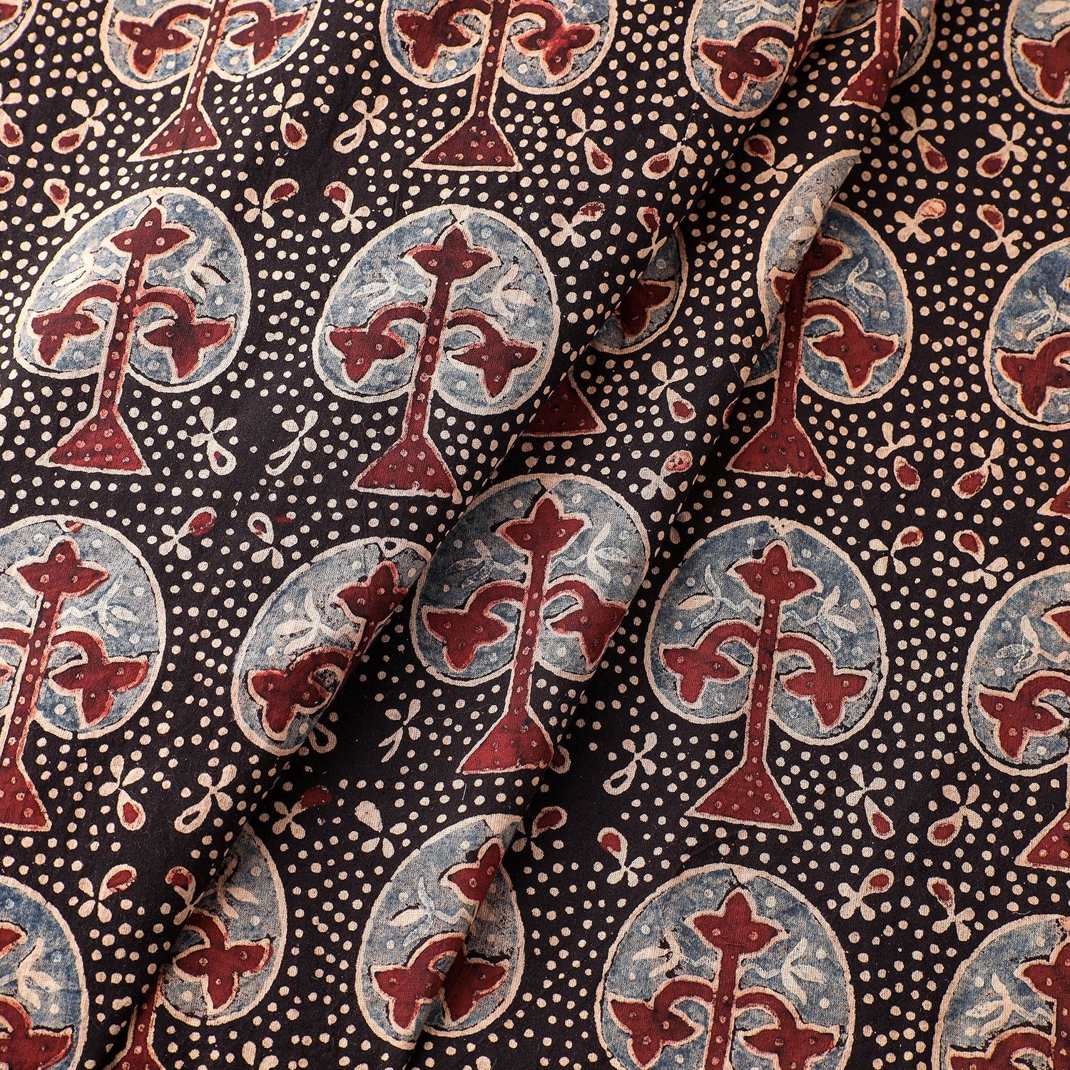 Black Tree Boota Ajrakh Hand Block Printed Cotton Fabric
