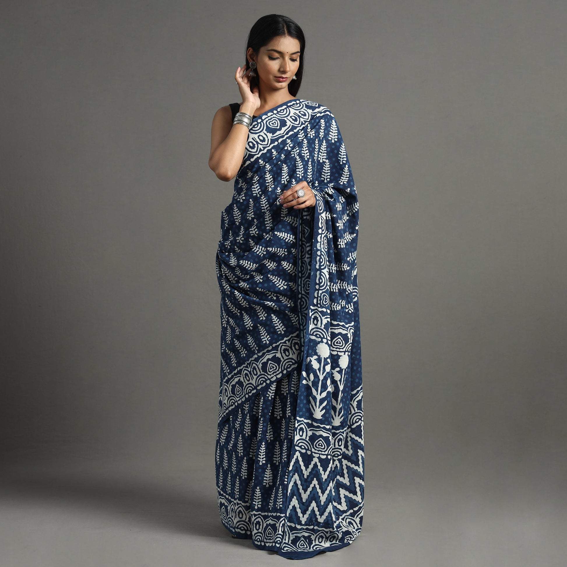 Blue - Bagru Hand Block Printed Mul Cotton Natural Dyed Saree 14