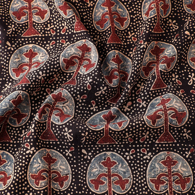 Black Tree Boota Ajrakh Hand Block Printed Cotton Fabric