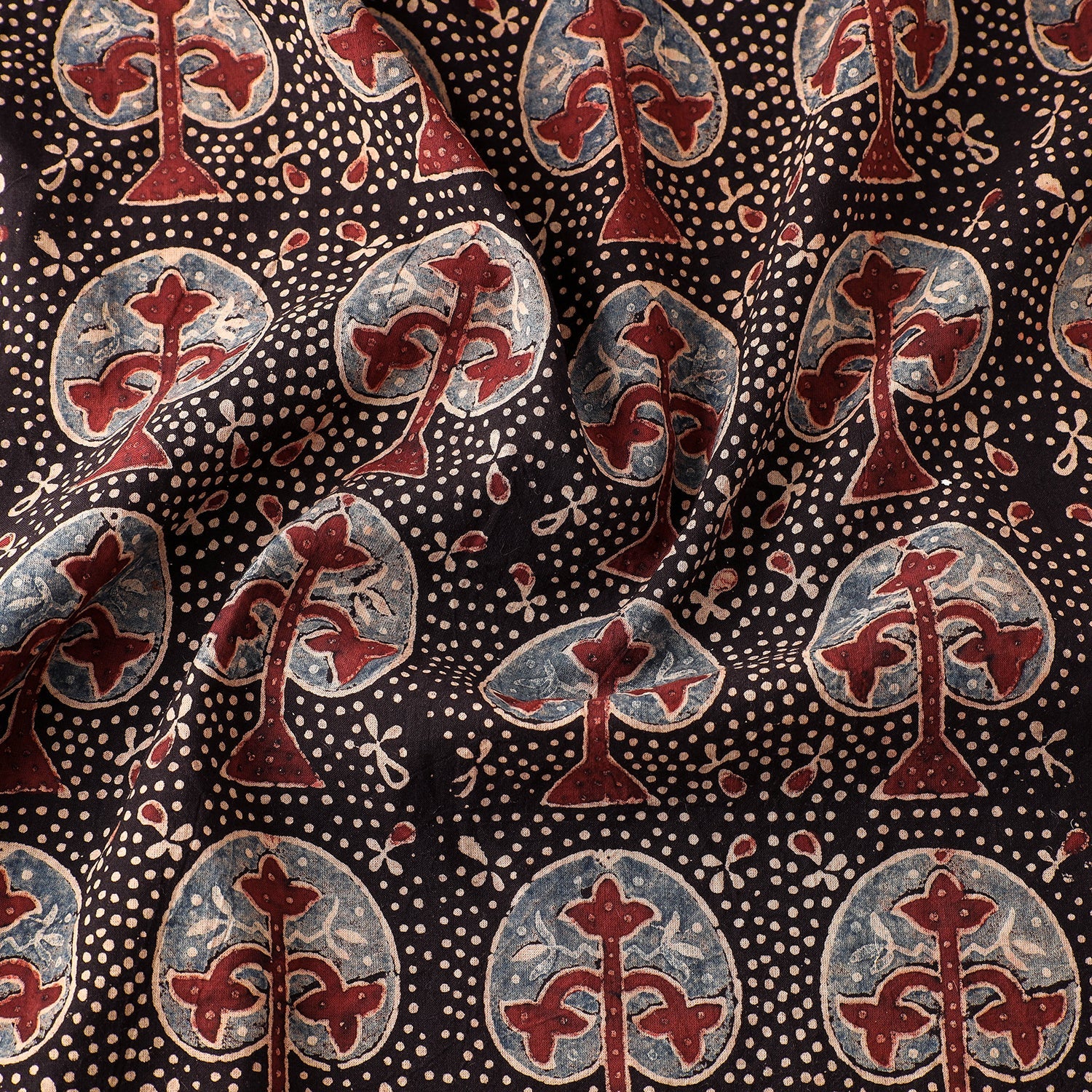 Black Tree Boota Ajrakh Hand Block Printed Cotton Fabric